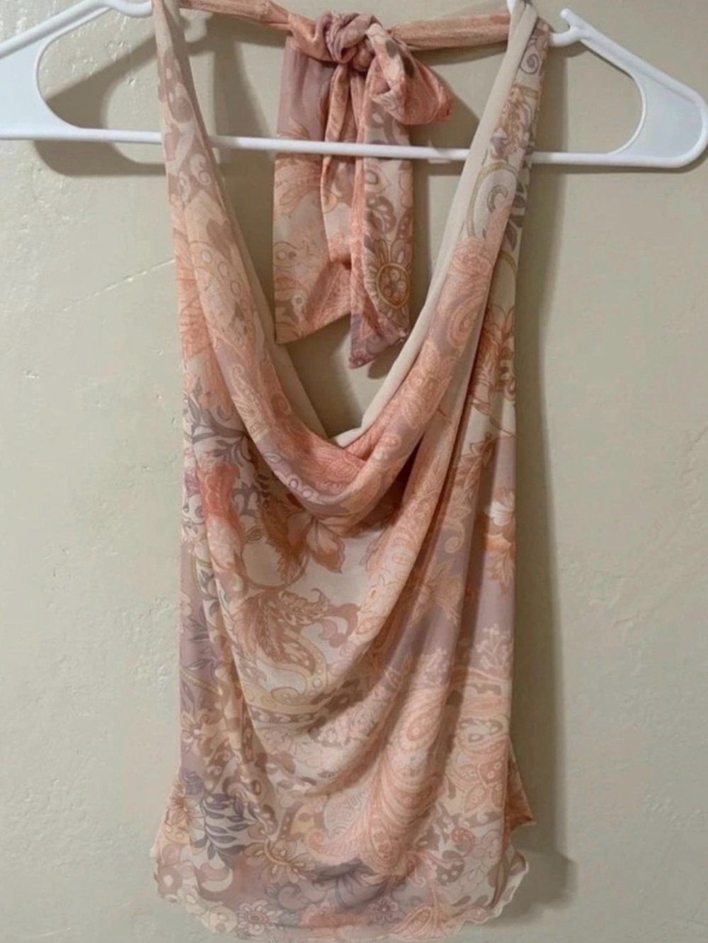 See You Monday Peach Paisley Halter Draped Scarf Top